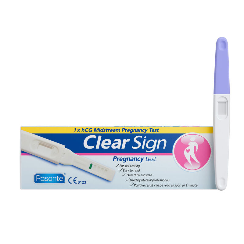 Clear Sign pregnancy test with packaging on a white background