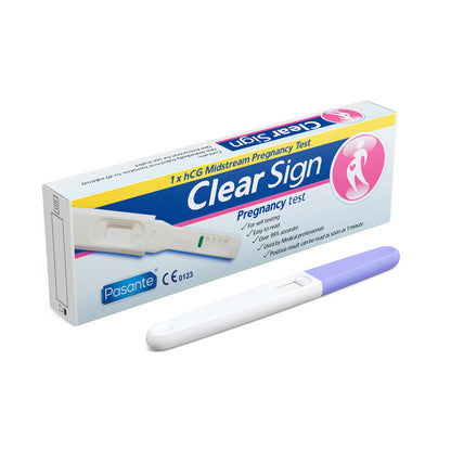Clear Sign pregnancy test with packaging on a white background