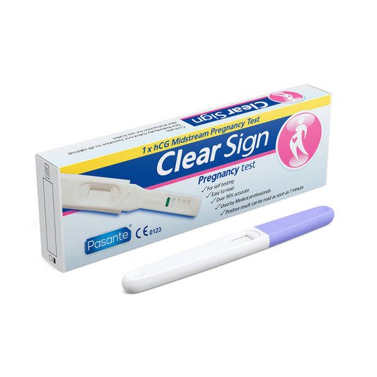 Clear Sign pregnancy test with packaging on a white background
