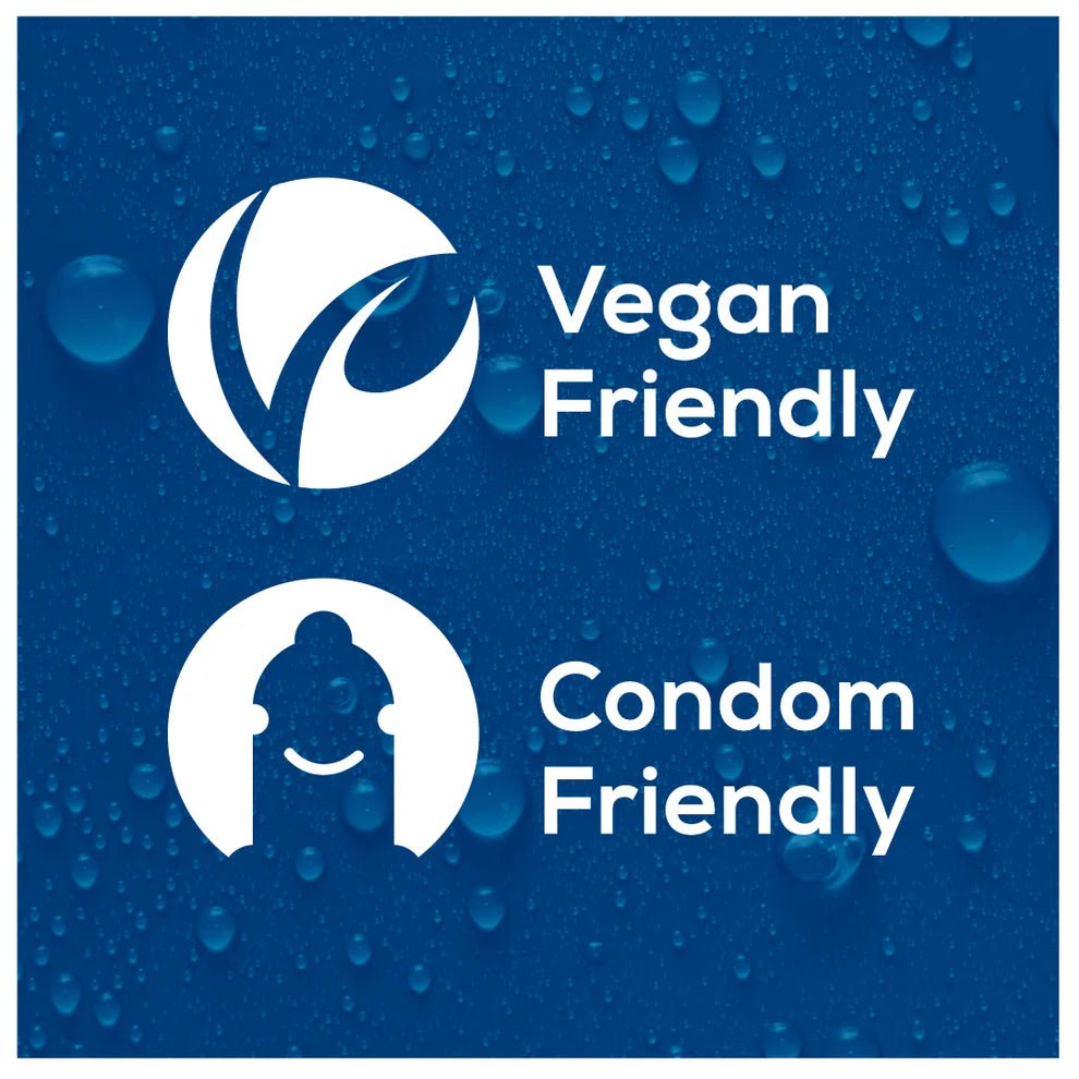 Vegan and Condom Friendly logos on a blue background with water droplets.