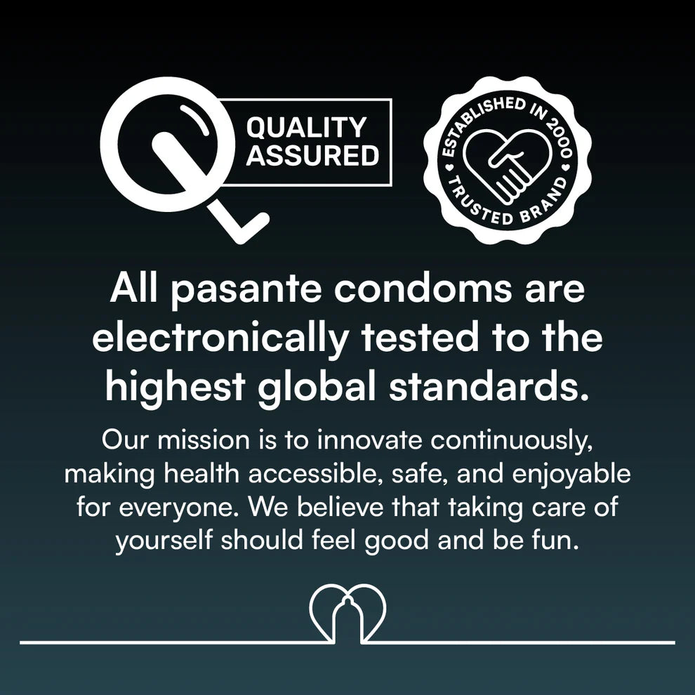 Advertisement for pasante condoms with quality assured and trusted brand logos on a dark background.