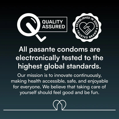 Advertisement for pasante condoms with quality assured and trusted brand logos on a dark background.