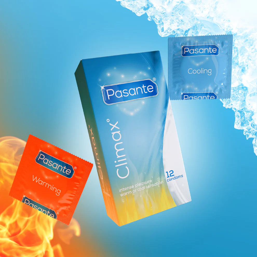 Pasante condoms packaging with different flavors on a blue background