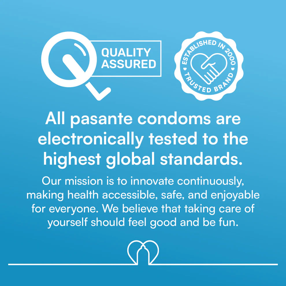 Advertisement for pasante condoms with quality assured and trusted brand icons on a blue background.