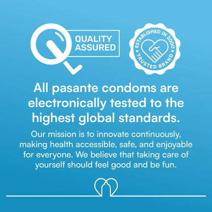 Advertisement for pasante condoms with quality assured and trusted brand icons on a blue background.