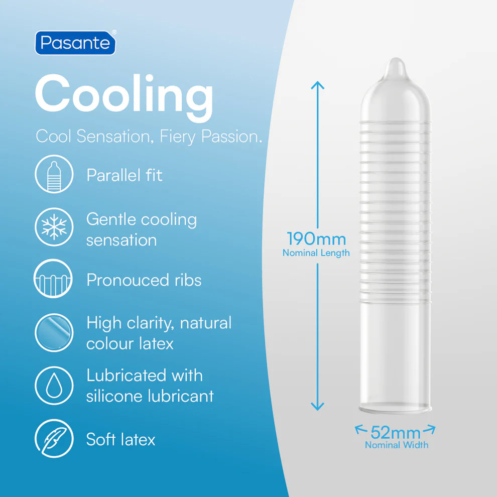Pasante cooling condom with features listed on a blue background