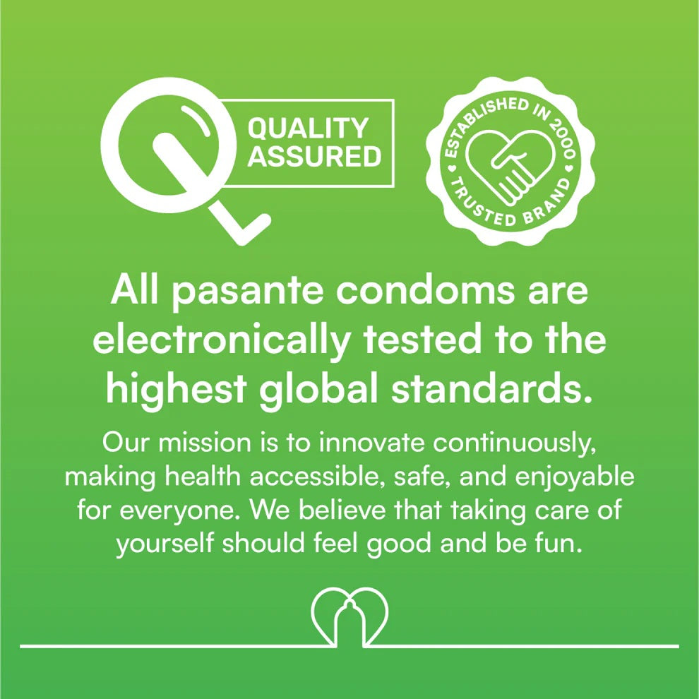 Green background with white text and icons about pasante condoms and quality assurance.
