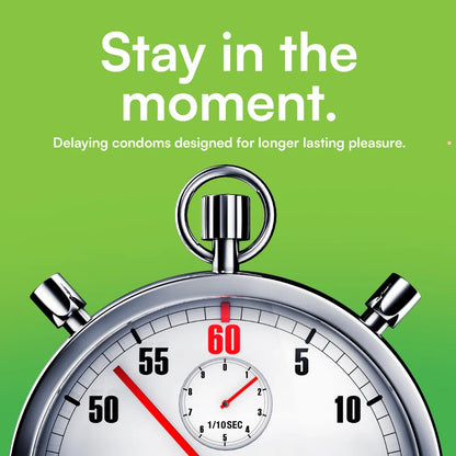 Stopwatch with a green background and text about delaying condoms.