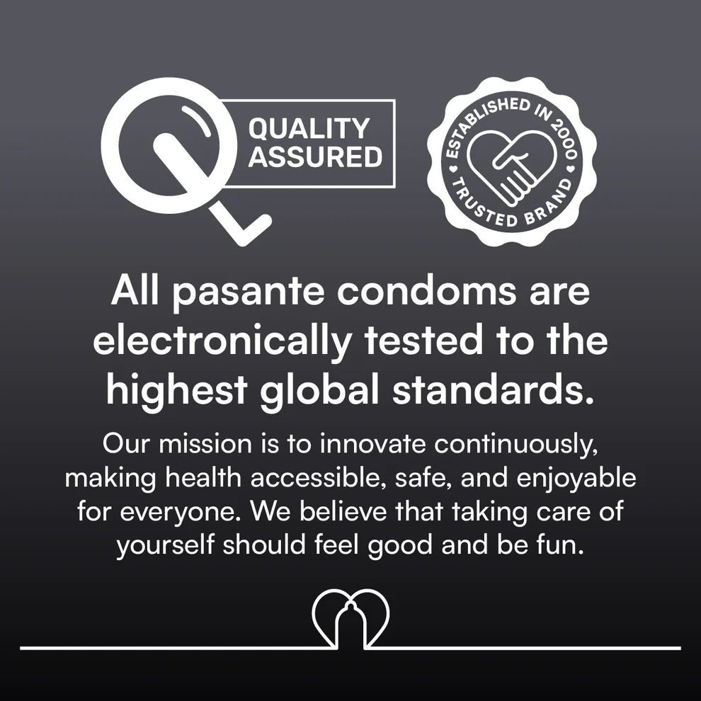 Advertisement for pasante condoms with quality assured and trusted brand logos on a dark background.