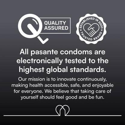 Advertisement for pasante condoms with quality assured and trusted brand logos on a dark background.