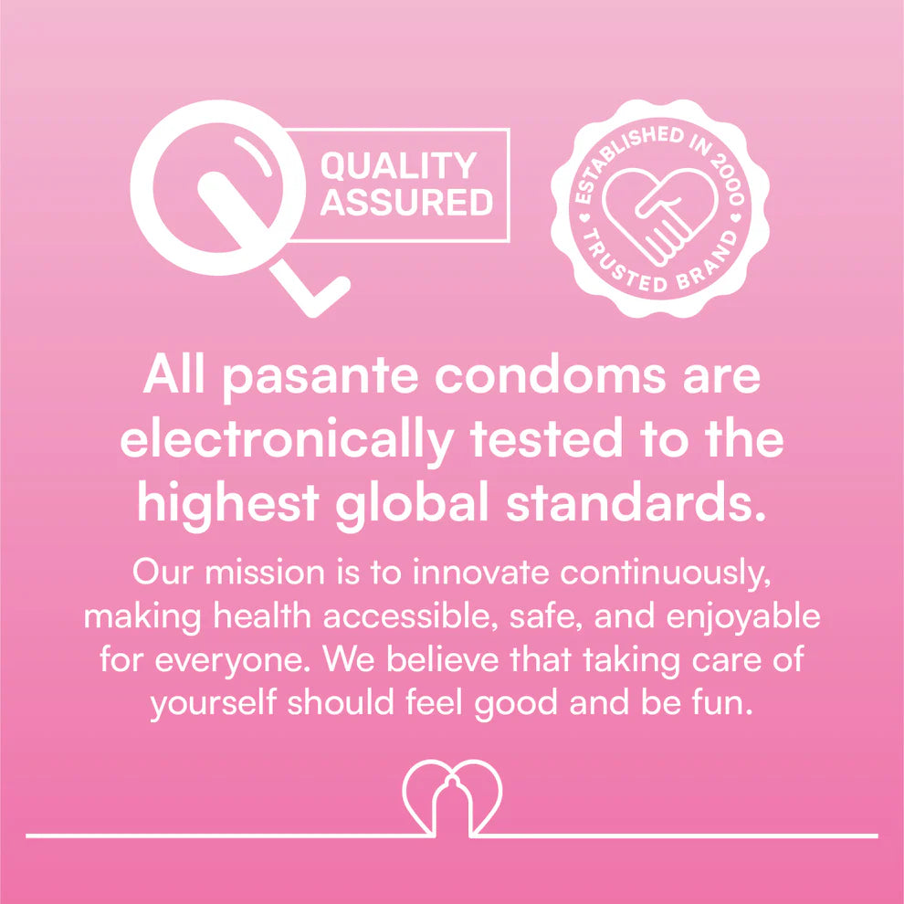 Advertisement for pasante condoms on a pink background with text and logos.