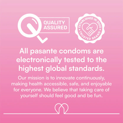 Advertisement for pasante condoms on a pink background with text and logos.