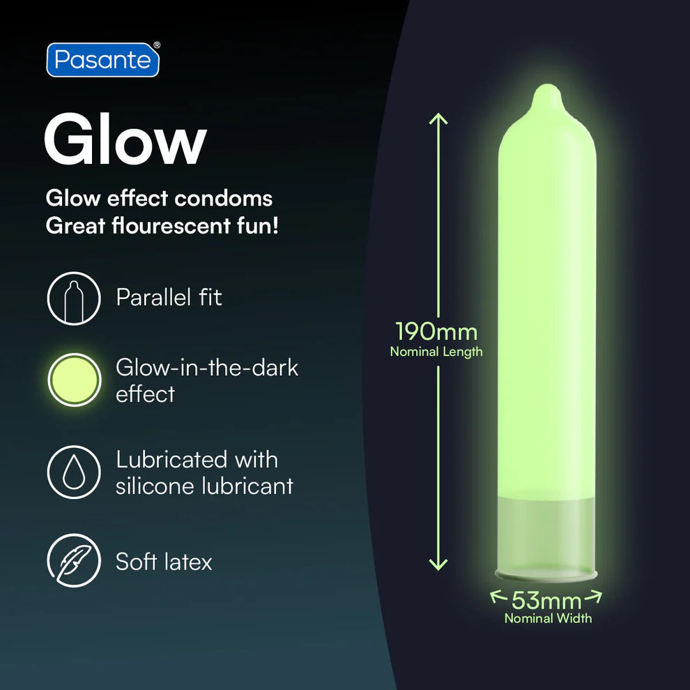 Glowing Pasante condom with product features on a dark background