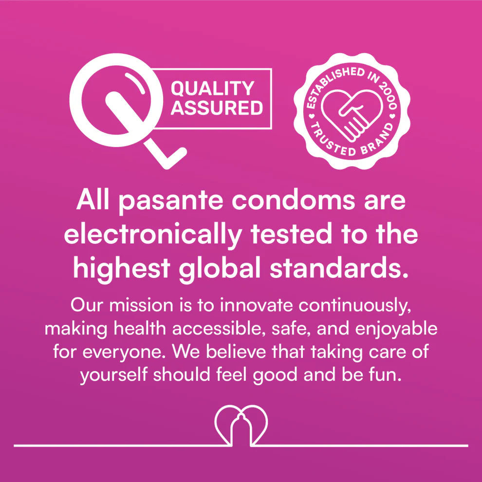 Advert for pasante condoms with quality assured and trusted brand logos on a pink background.