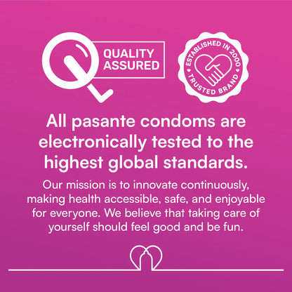 Advert for pasante condoms with quality assured and trusted brand logos on a pink background.