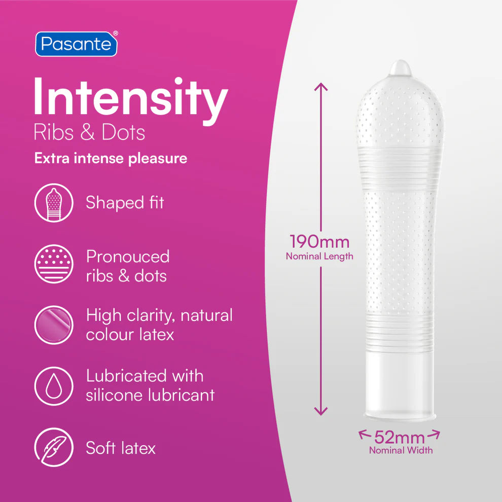 Pasante Intensity condom packaging with product details on a pink background