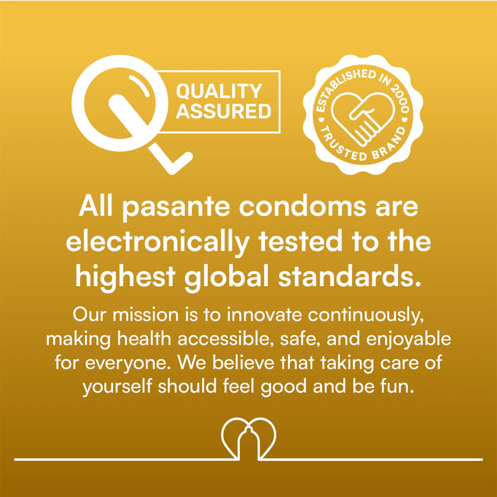 Advertisement for pasante condoms with quality assured and trusted brand logos on a yellow background.