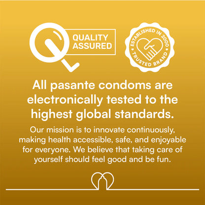 Advertisement for pasante condoms with quality assured and trusted brand logos on a yellow background.