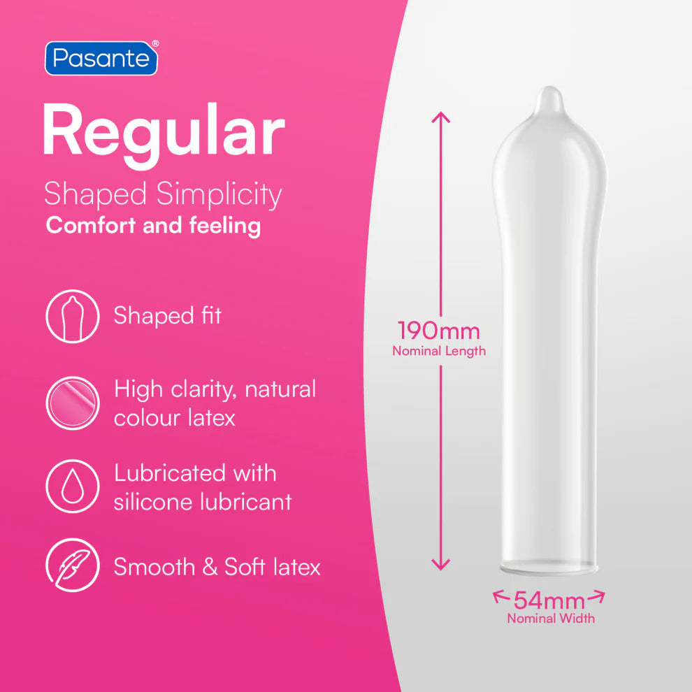Pasante condom packaging with product details on a pink background