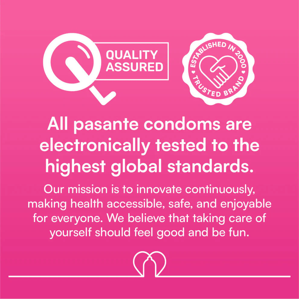 Pink background with white text and logos about pasante condoms and quality assurance.