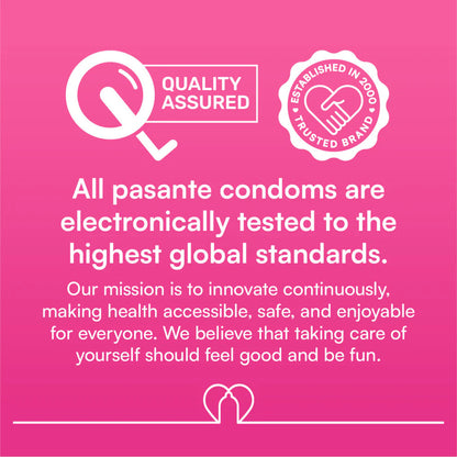 Pink background with white text and logos about pasante condoms and quality assurance.