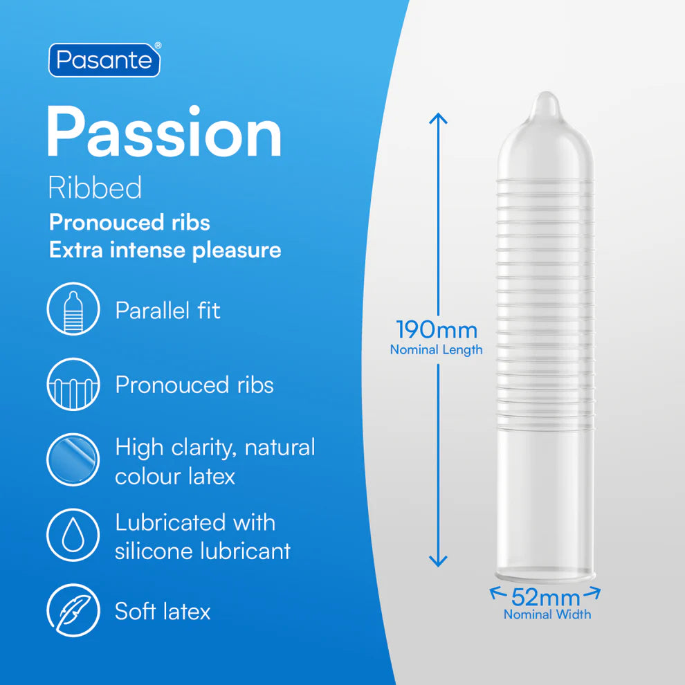 Pasante Passion ribbed condom with product details on a blue background