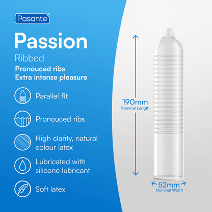 Pasante Passion ribbed condom with product details on a blue background