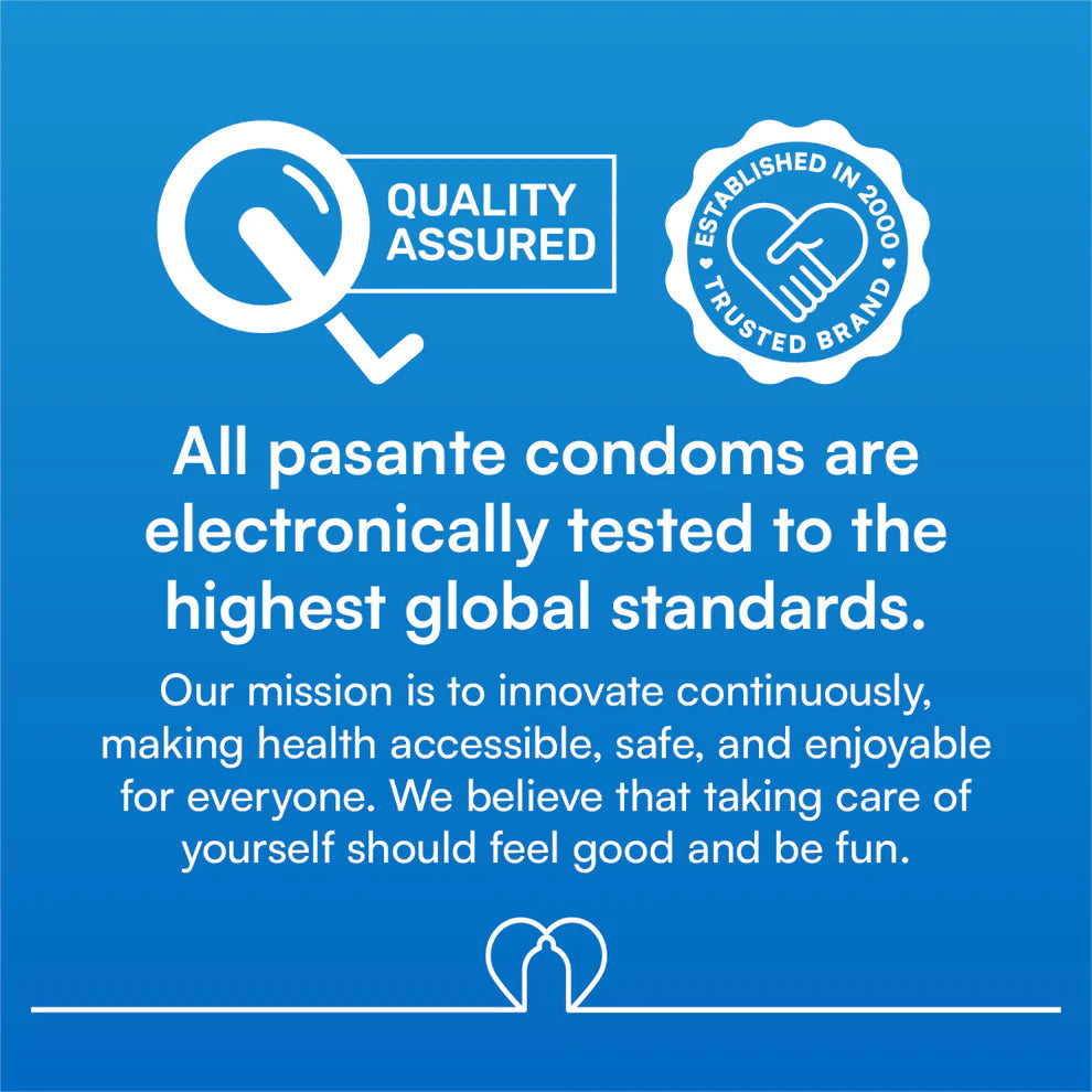 Advertisement for pasante condoms with quality assured and trusted brand logos on a blue background.