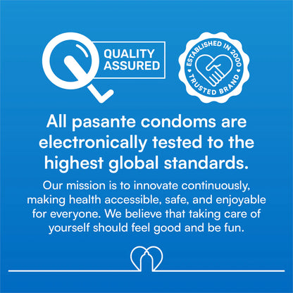 Advertisement for pasante condoms with quality assured and trusted brand logos on a blue background.
