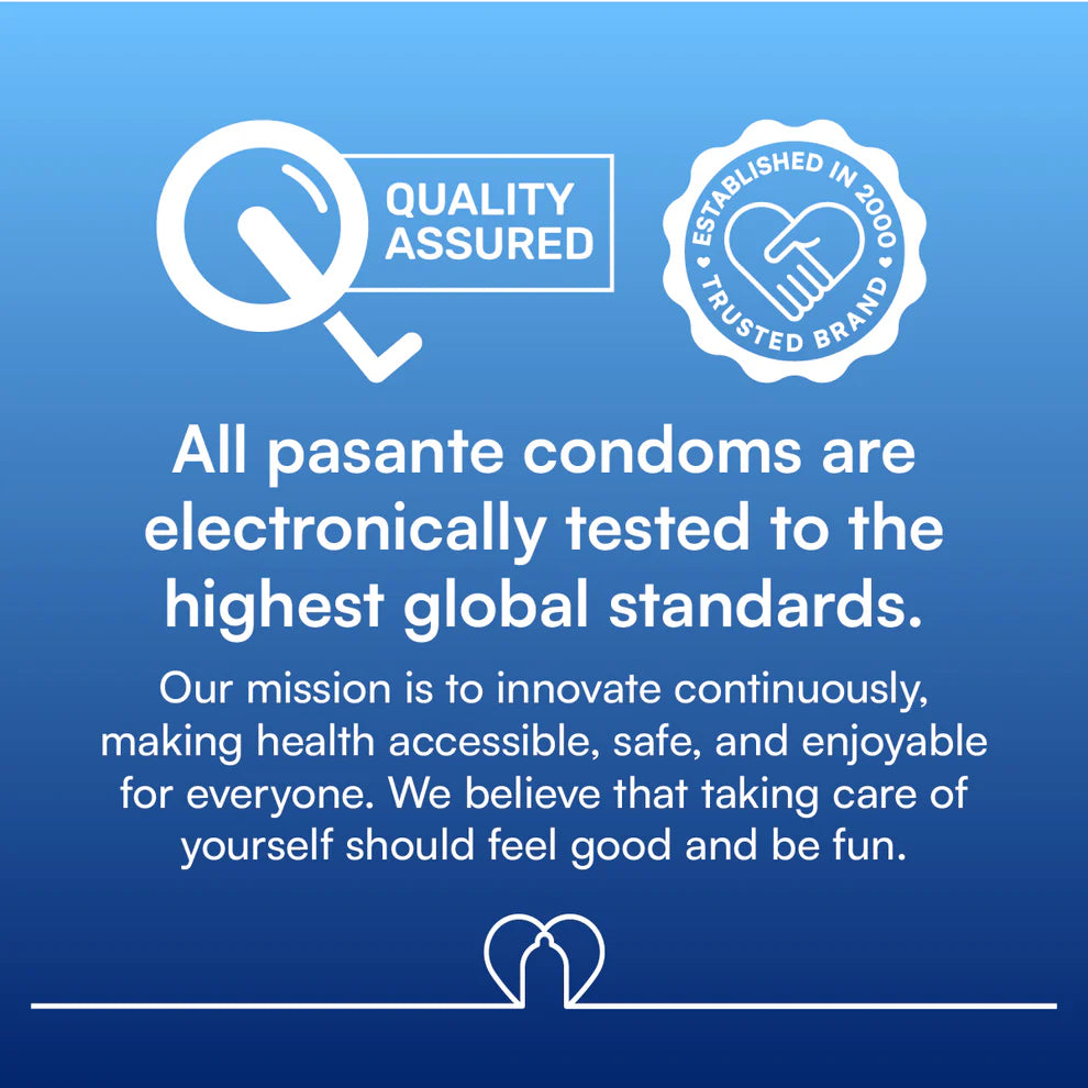 Advertisement for pasante condoms with quality assured and trusted brand icons on a blue background.