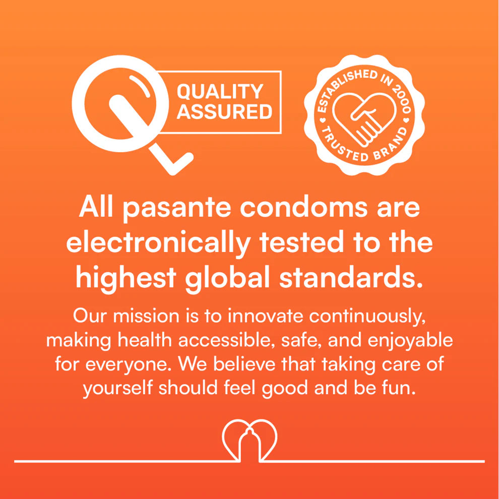 Orange background with white text and logos about pasante condoms and quality assurance.