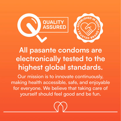 Orange background with white text and logos about pasante condoms and quality assurance.