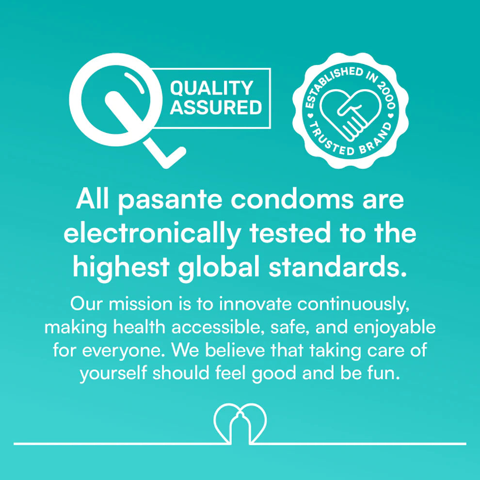 Advertisement for pasante condoms with quality assured and trusted brand logos on a teal background.