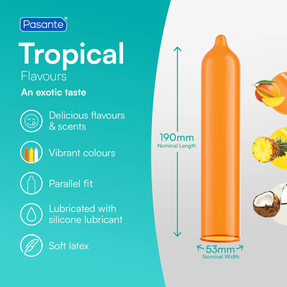 Orange product with Pasante branding and tropical flavor features on a teal and white background