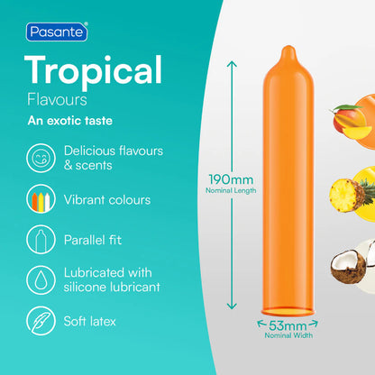 Orange product with Pasante branding and tropical flavor features on a teal and white background