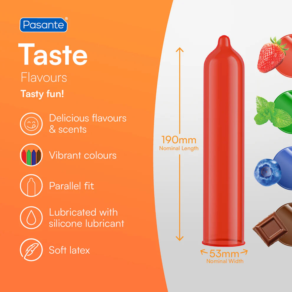 Red Pasante product with features listed on an orange and gray background