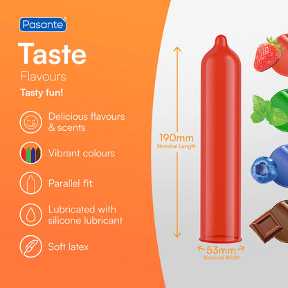Red Pasante product with features listed on an orange and gray background