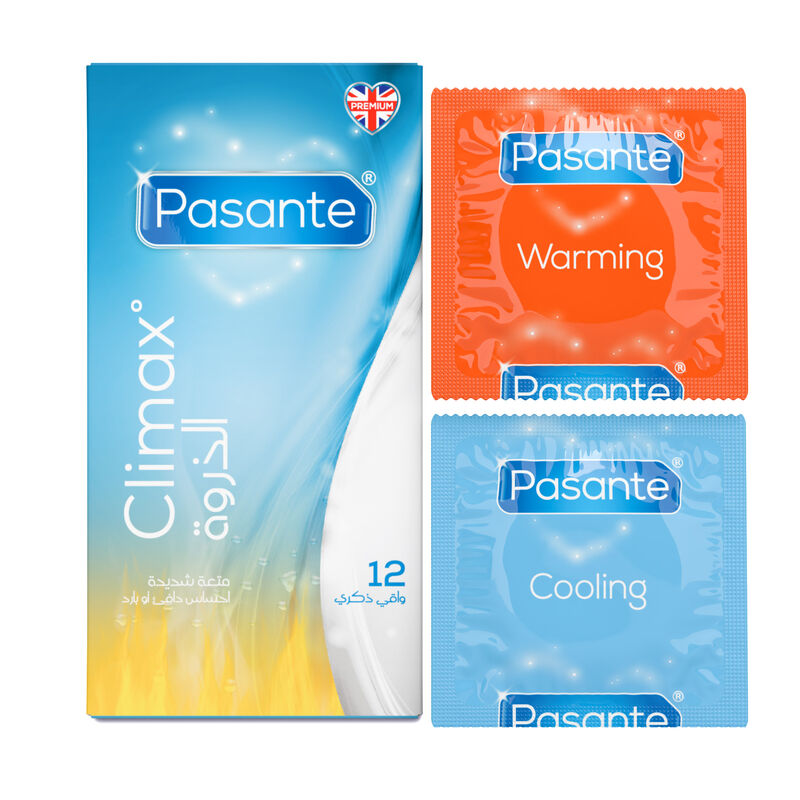 Pasante brand condoms in different flavors on a white background