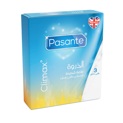 Pasante Climax condom packaging with blue and yellow gradient on a white background