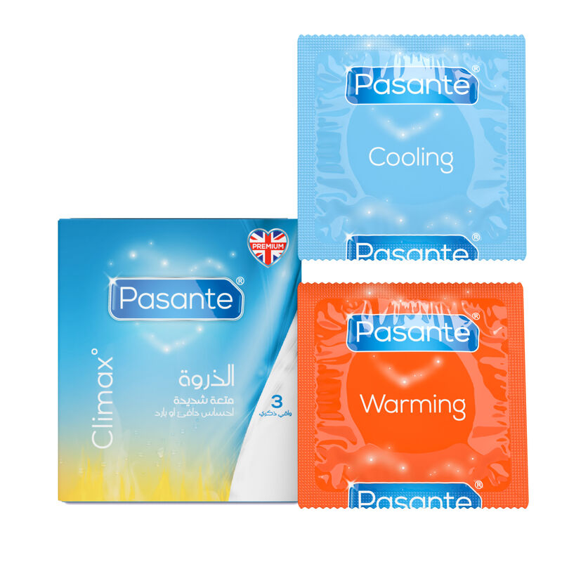 Four Pasante condom packages in different flavors on a white background