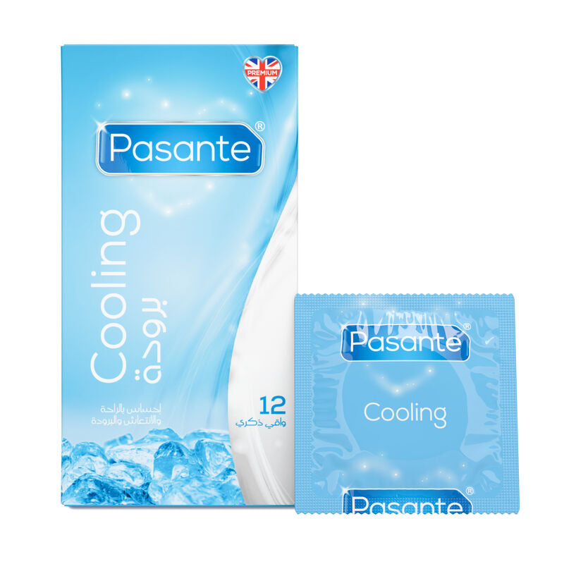 Pasante Cooling condoms packaging with ice cube design on a white background