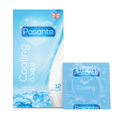 Pasante Cooling condoms packaging with ice cube design on a white background