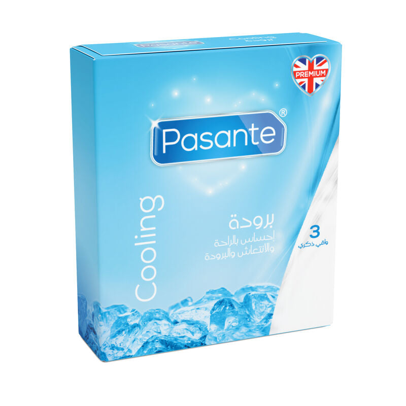 Pasante cooling condoms packaging on a white background