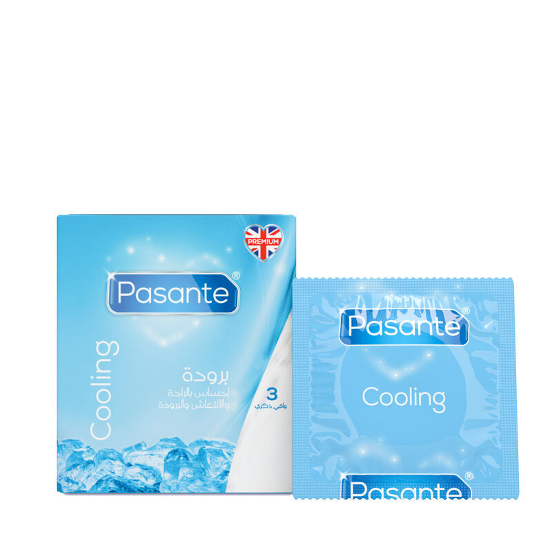 Two Pasante Cooling condoms on a white background