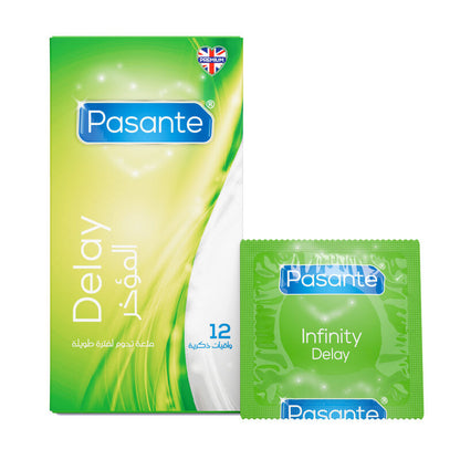 Pasante Delay and Infinity Delay packaging on a white background