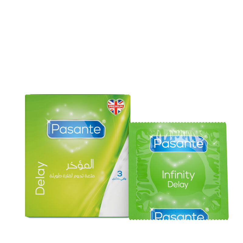 Pasante Delay and Infinity Delay packaging on a white background