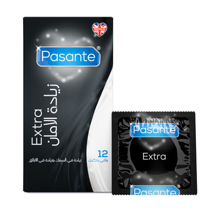 Pasante Extra condom packaging on a white background