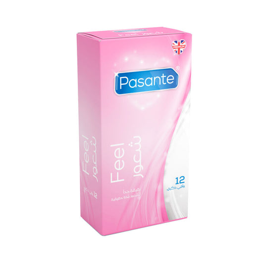 Pink packaging of Pasante condoms with brand logo and product details on a white background