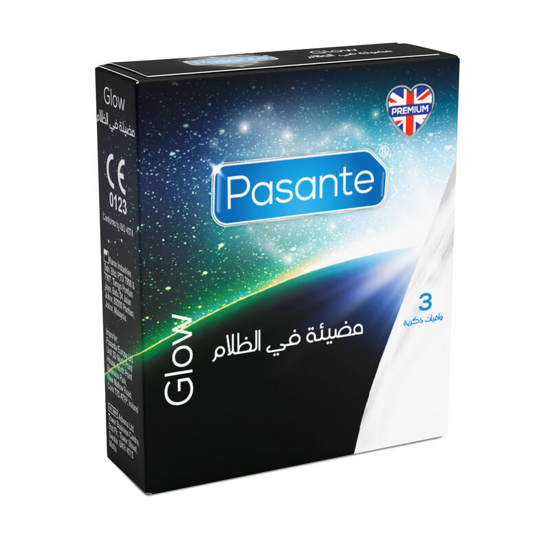 Pasante glow in the dark condoms packaging on a white background