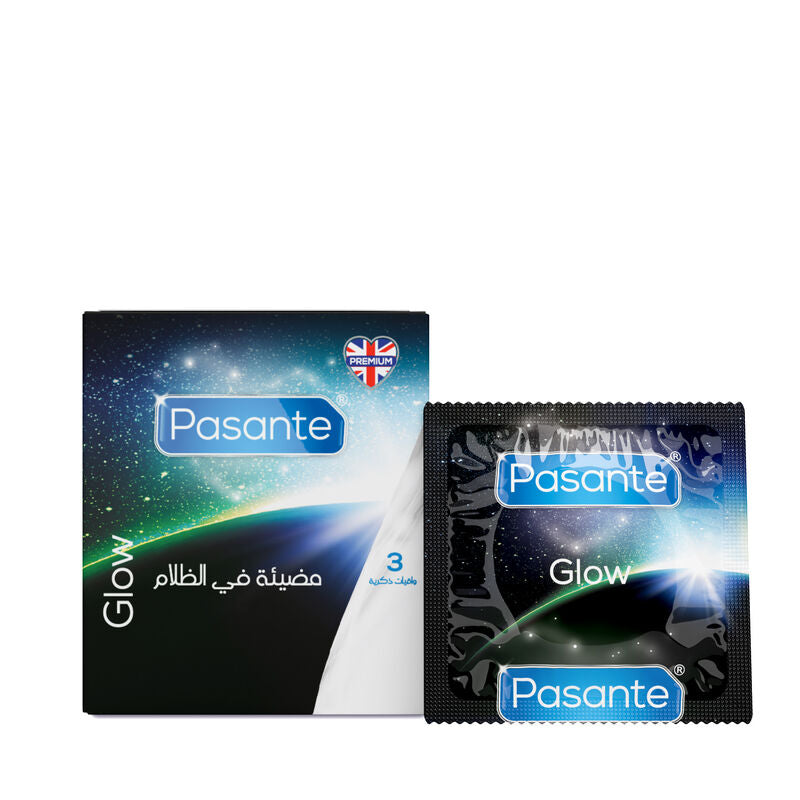 Pasante Glow condoms packaging on a white background